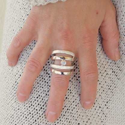 Wide Statement Ring: Multiple Band With Moissanite in Silver or Gold plated