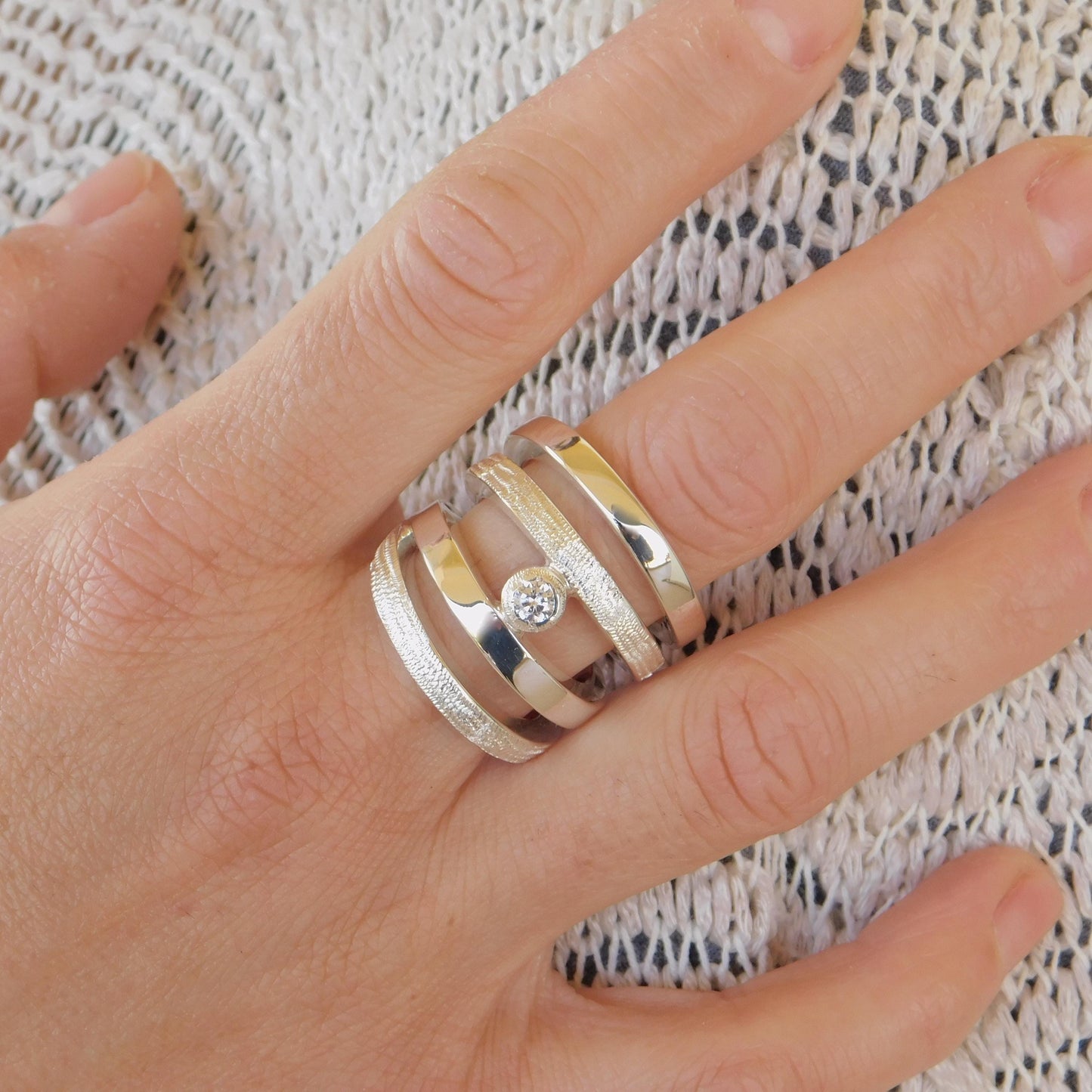 Wide Statement Ring: Multiple Band With Moissanite in Silver or Gold plated
