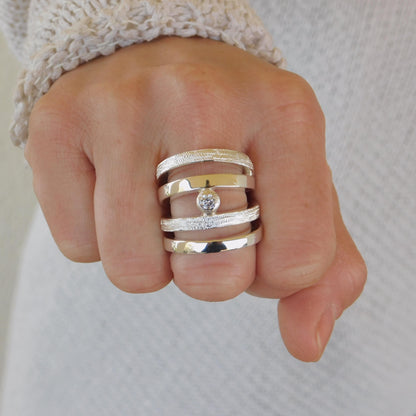 Wide Statement Ring: Multiple Band With Moissanite in Silver or Gold plated