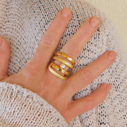 Wide Statement Ring: Multiple Band With Moissanite in Silver or Gold plated