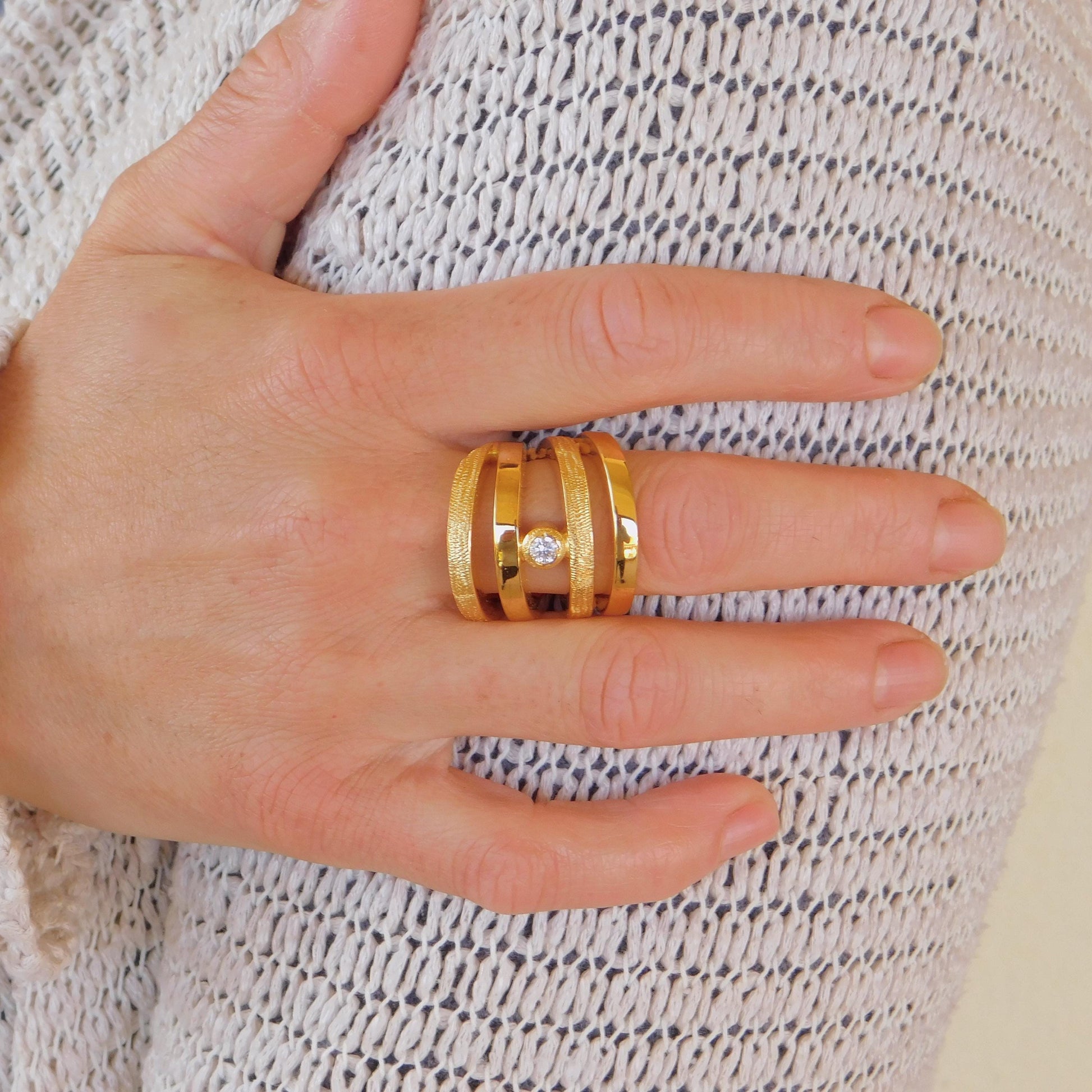 Wide Statement Ring: Multiple Band With Moissanite in Silver or Gold plated