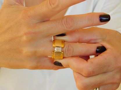 Brushed Band Engagement Ring: 13MM Wide in Silver or Gold Plated With Moissanite