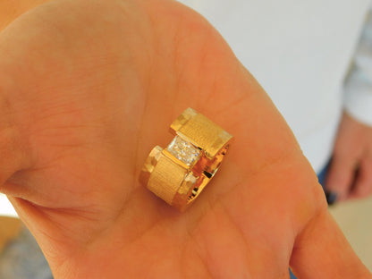Brushed Band Engagement Ring: 13MM Wide in Silver or Gold Plated With Moissanite