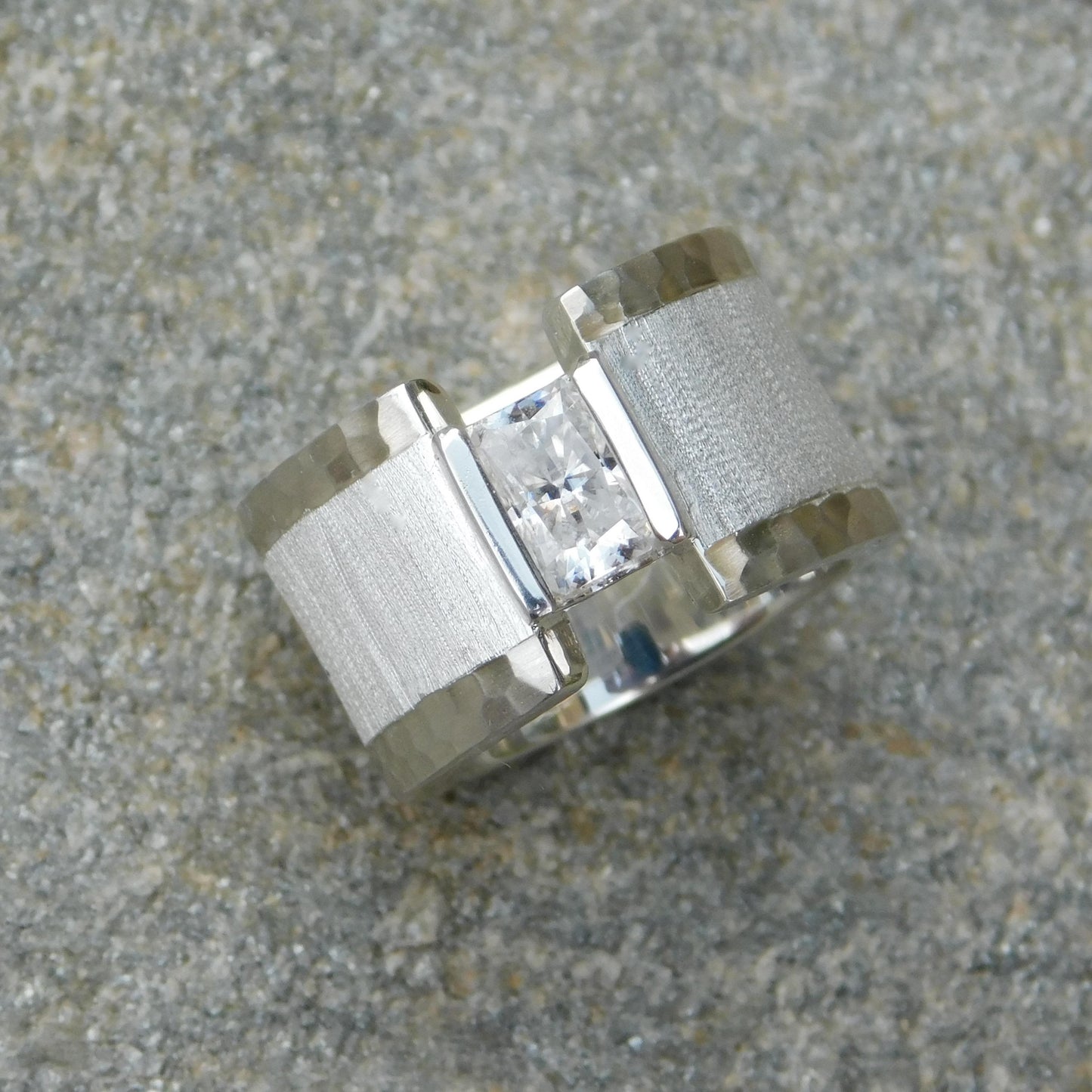 Brushed Band Engagement Ring: 13MM Wide in Silver or Gold Plated With Moissanite