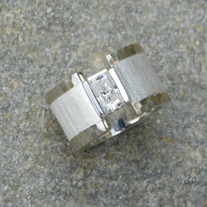 Brushed Band Engagement Ring: 13MM Wide in Silver or Gold Plated With Moissanite