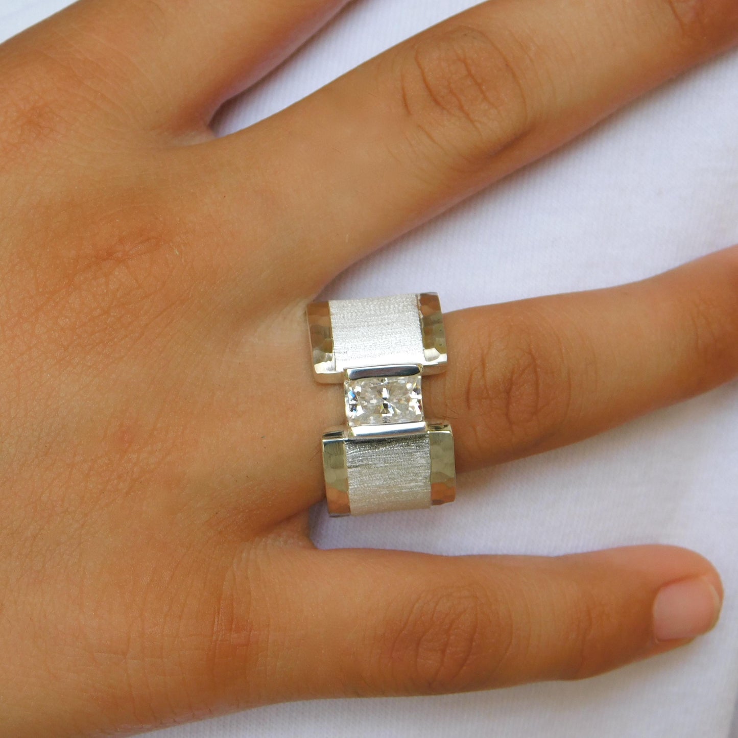 Brushed Band Engagement Ring: 13MM Wide in Silver or Gold Plated With Moissanite