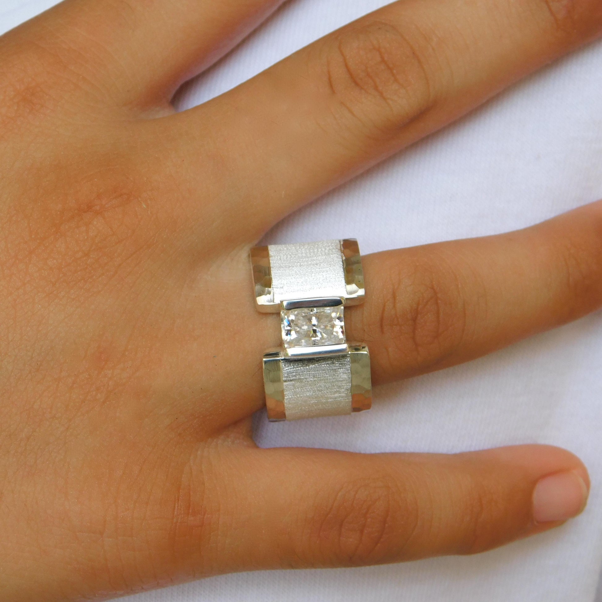 Engagement Moissanite Ring – Modern Wide Silver Band