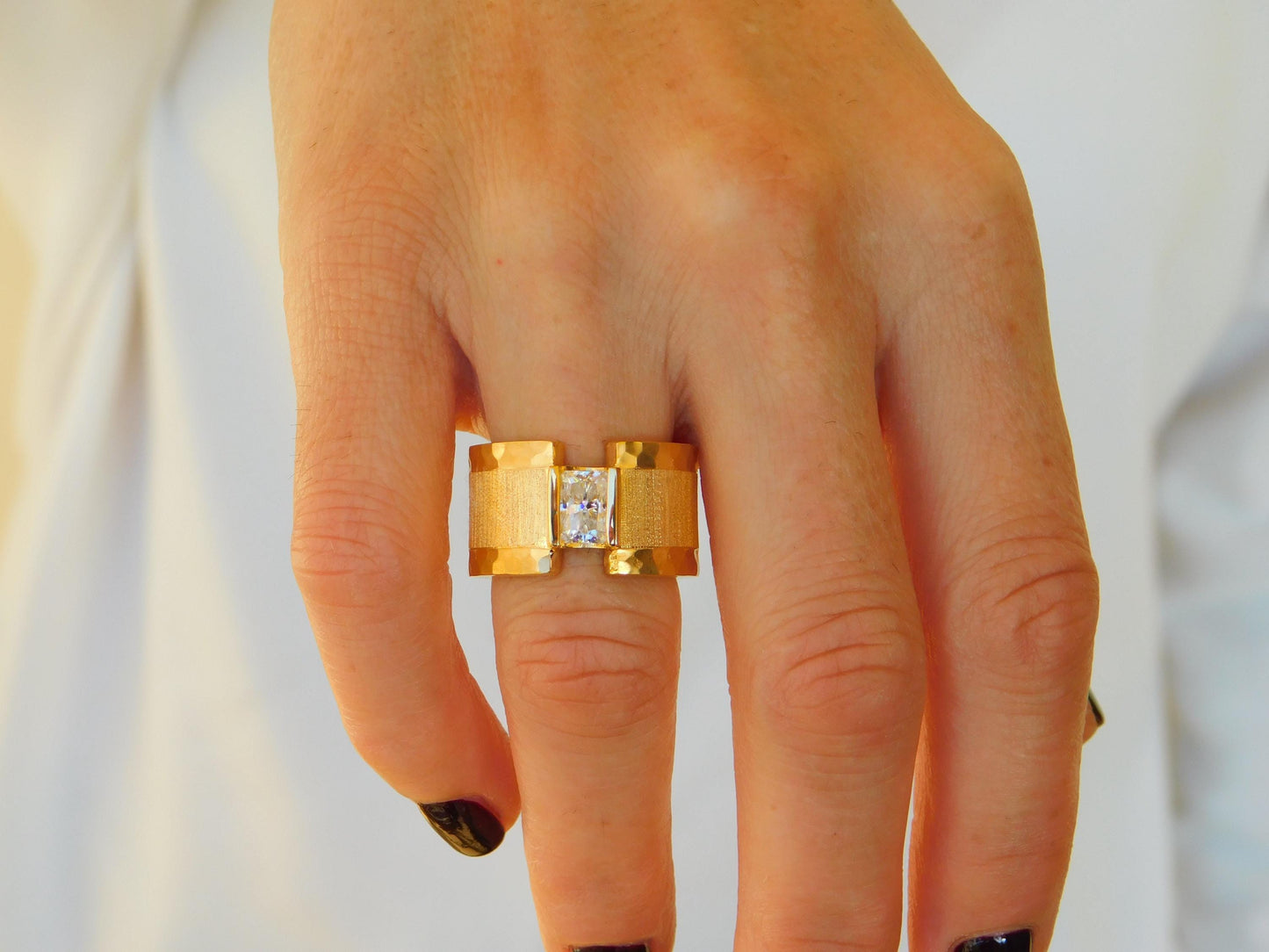 Brushed Band Engagement Ring: 13MM Wide in Silver or Gold Plated With Moissanite