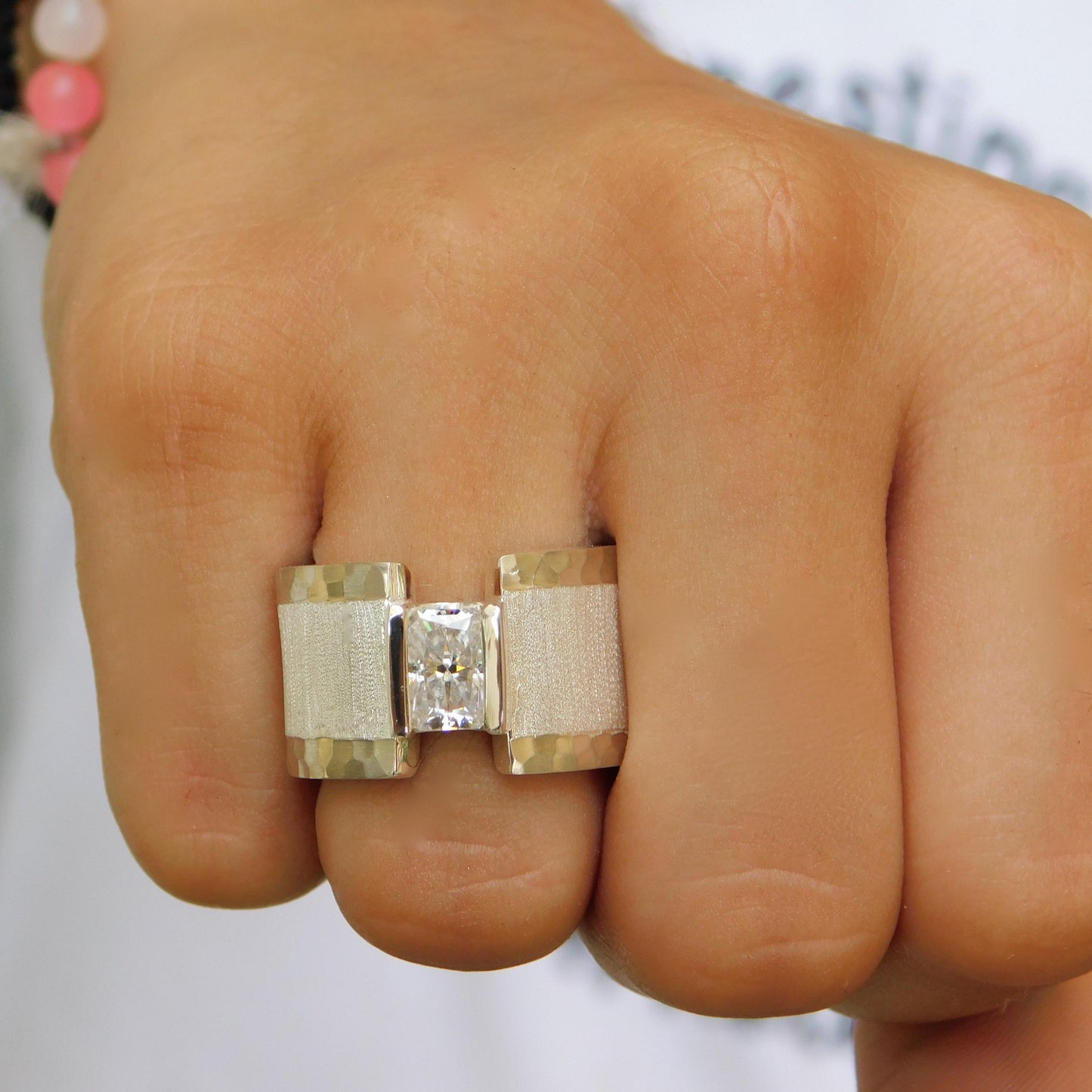 Brushed Band Engagement Ring: 13MM Wide in Silver or Gold Plated With Moissanite