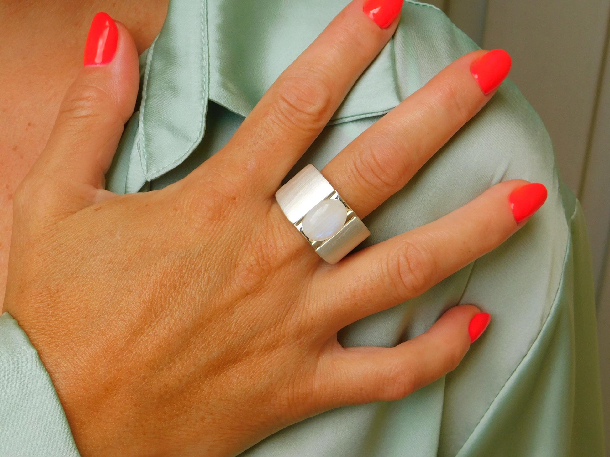 Moonstone Ring: Wide Band Contemporary Design in Silver or Gold Plated