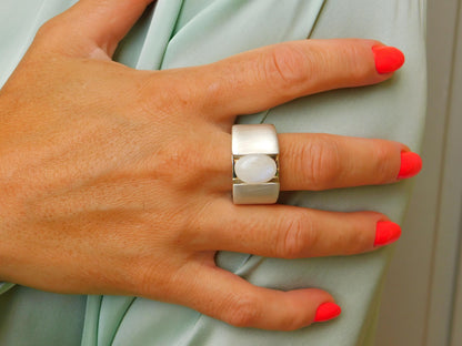 Wide Band Moonstone Ring: Contemporary Design in Silver or Gold Plated