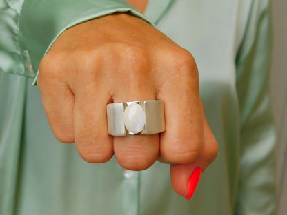 Moonstone Ring: Wide Band Contemporary Design in Silver or Gold Plated
