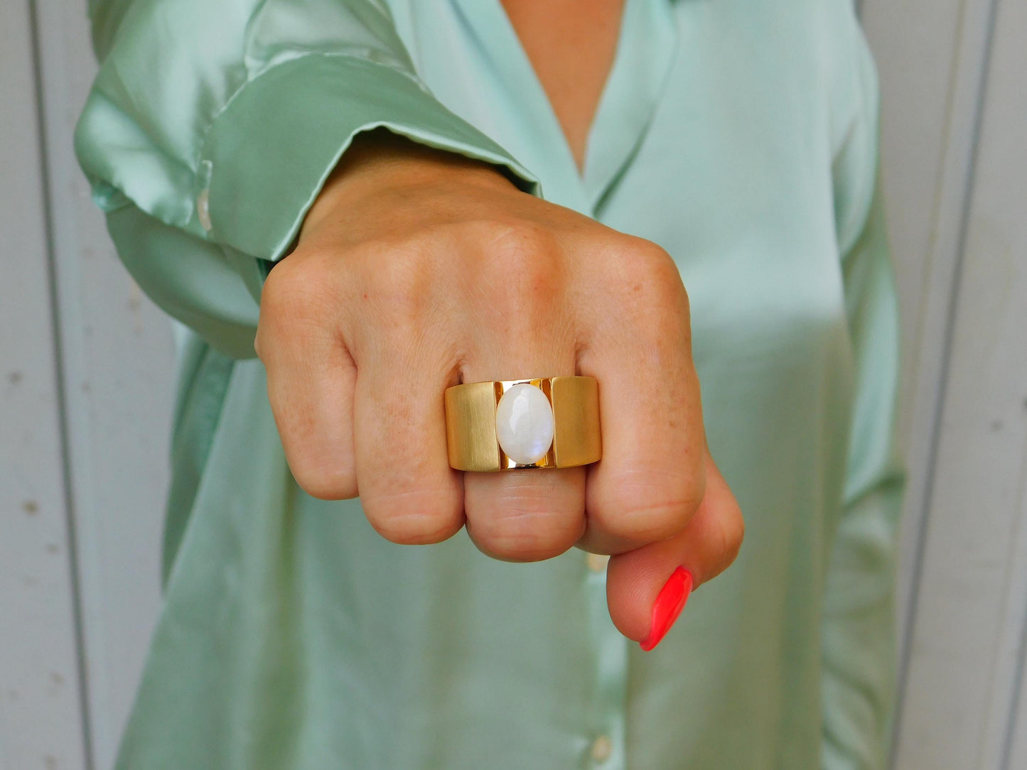 Wide Band Moonstone Ring: Contemporary Design in Silver or Gold Plated