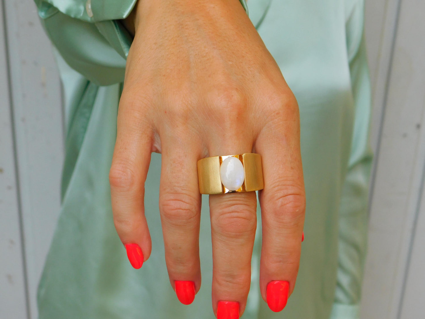 Moonstone Ring: Wide Band Contemporary Design in Silver or Gold Plated