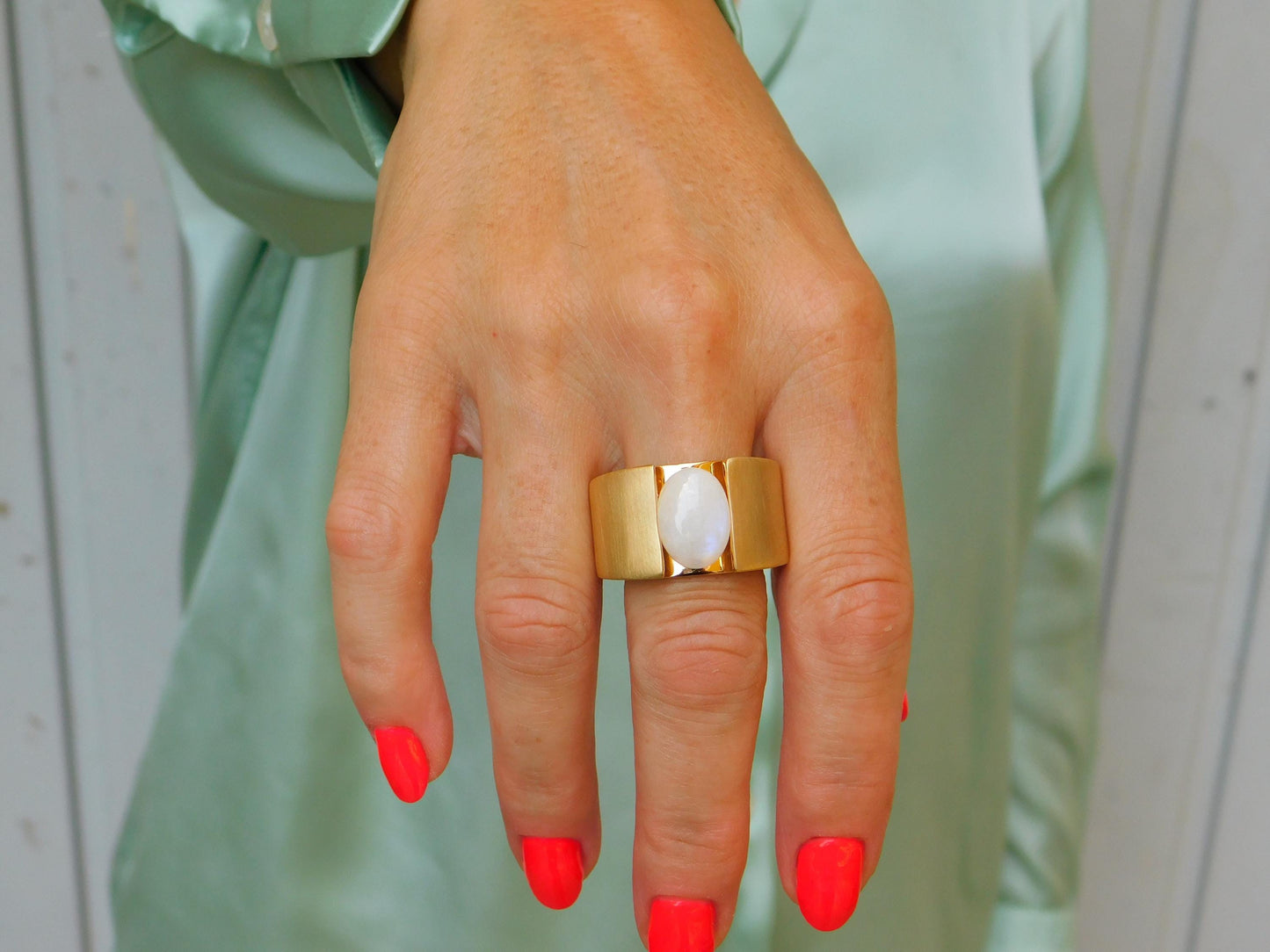 Wide Band Moonstone Ring: Contemporary Design in Silver or Gold Plated