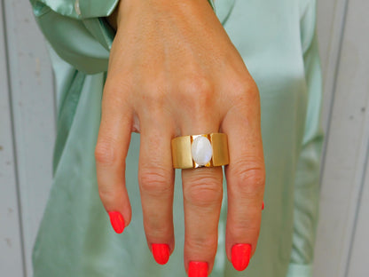 Wide Band Moonstone Ring: Contemporary Design in Silver or Gold Plated