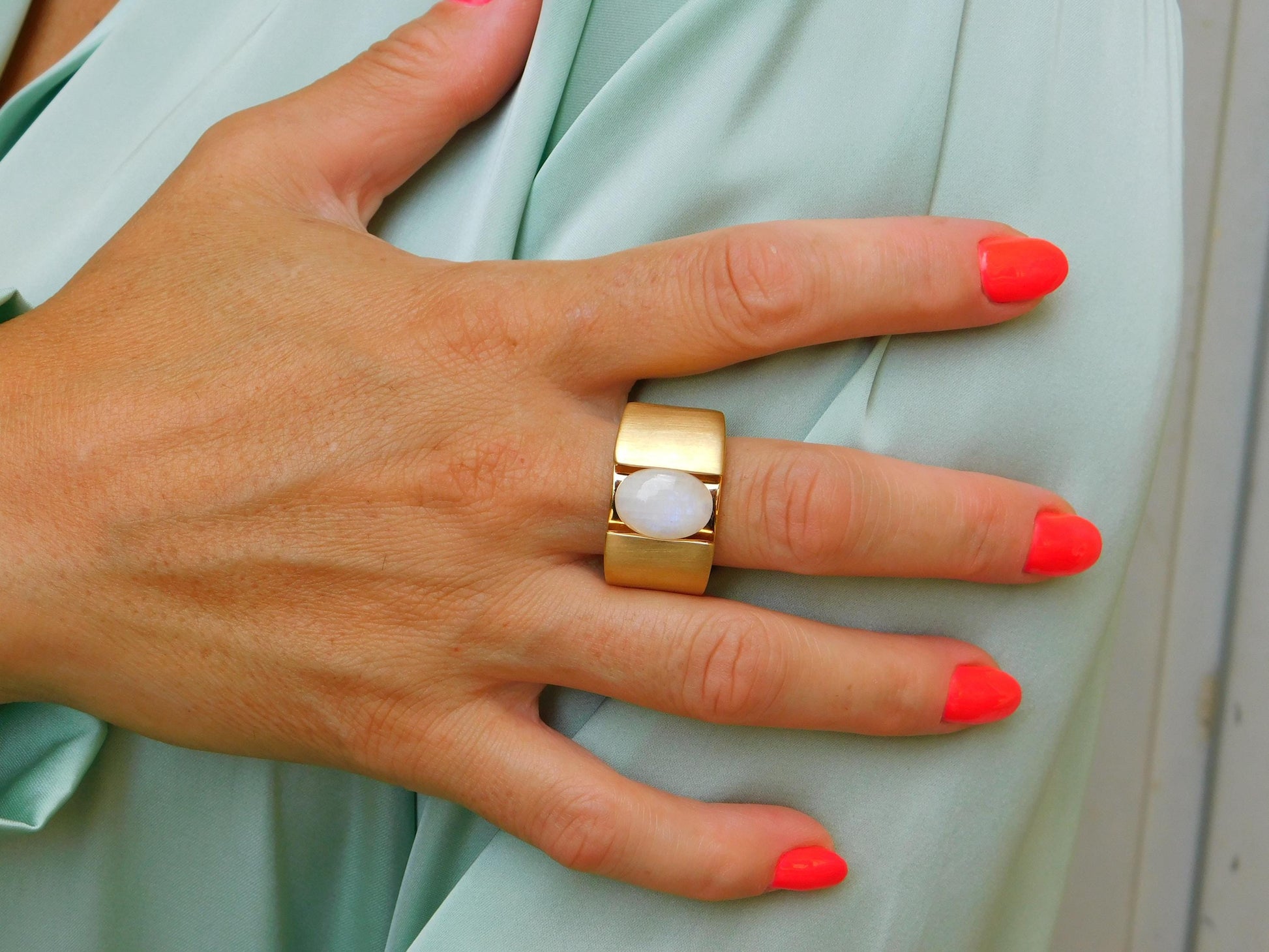 Moonstone Ring: Wide Band Contemporary Design in Silver or Gold Plated