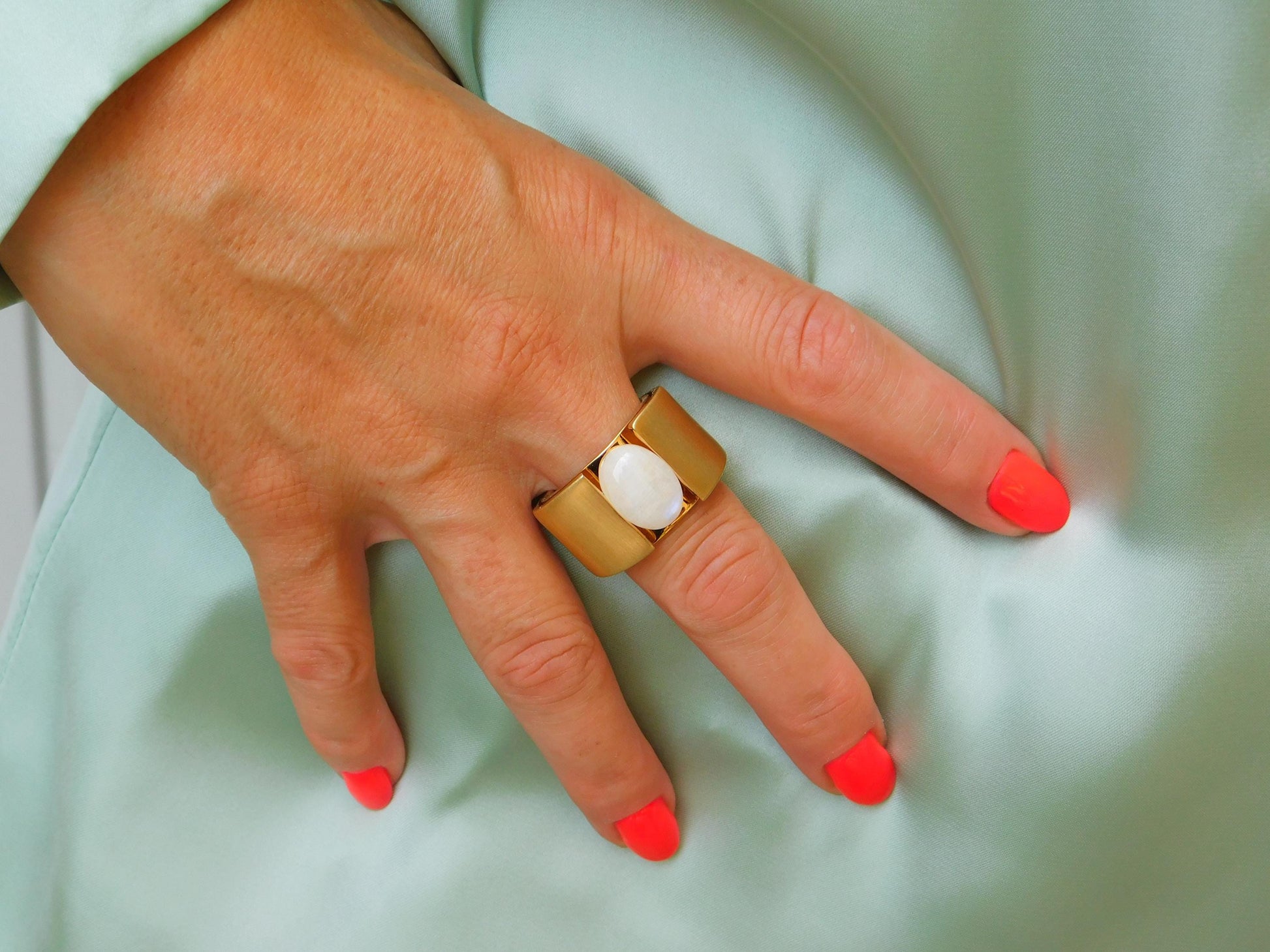 Wide Band Moonstone Ring: Contemporary Design in Silver or Gold Plated