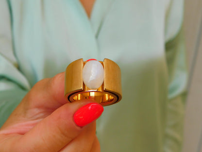 Wide Band Moonstone Ring: Contemporary Design in Silver or Gold Plated