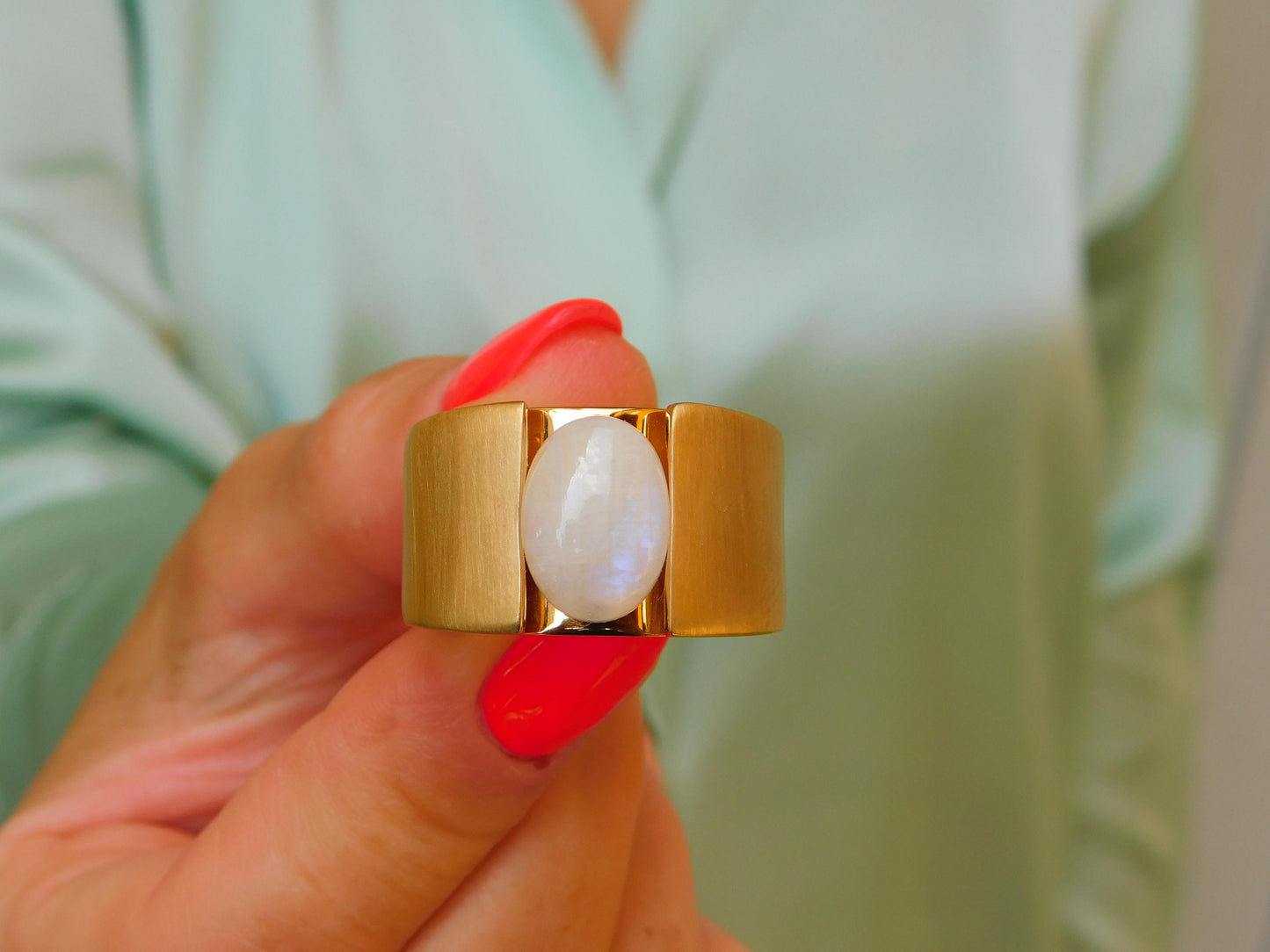 Wide Band Moonstone Ring: Contemporary Design in Silver or Gold Plated