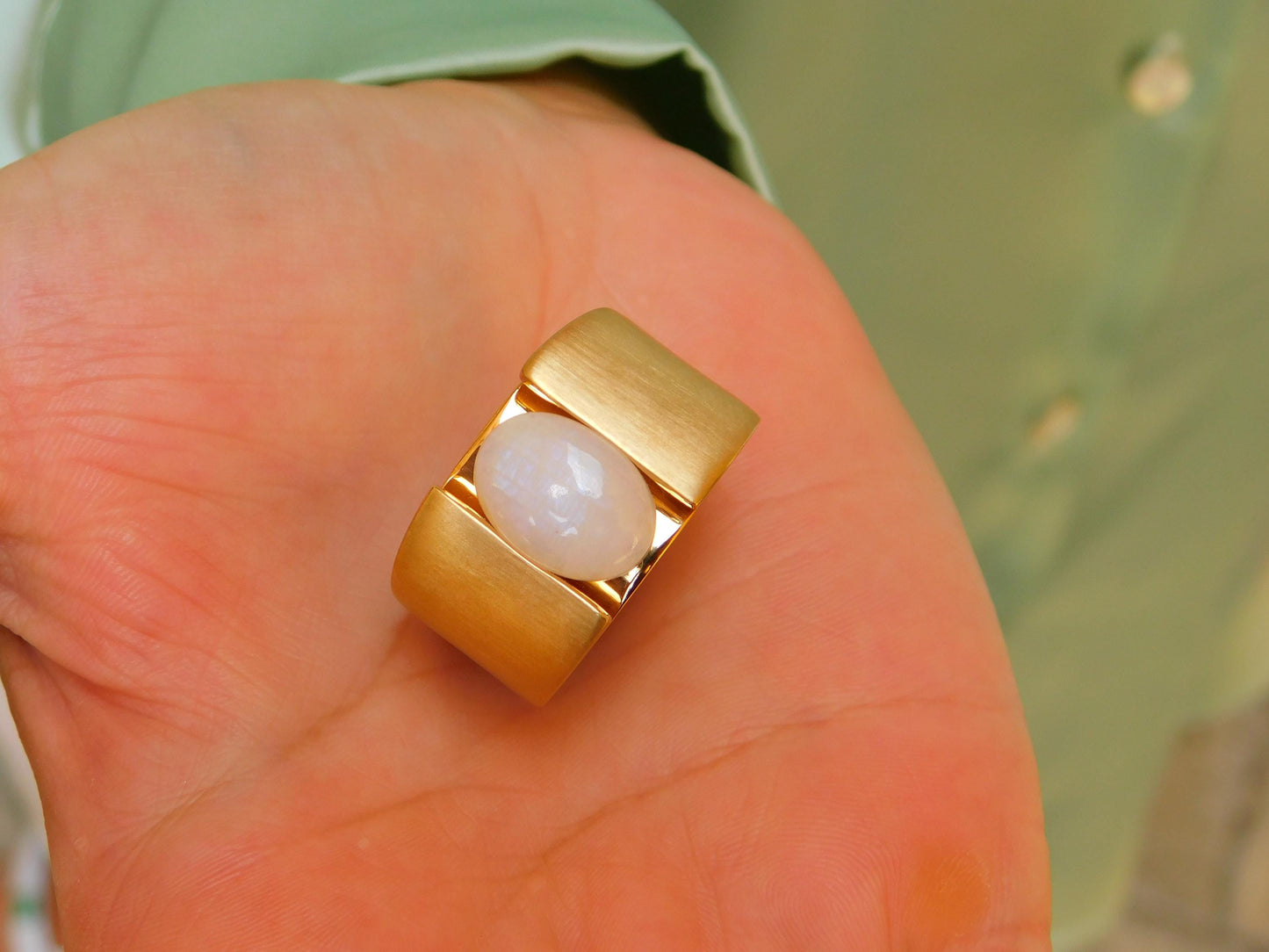 Wide Band Moonstone Ring: Contemporary Design in Silver or Gold Plated
