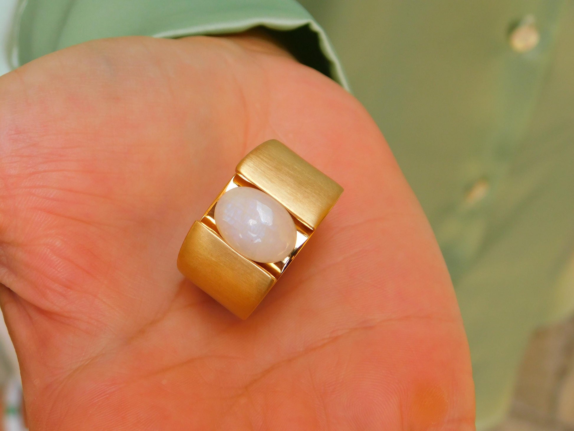 Wide Band Moonstone Ring: Contemporary Design in Silver or Gold Plated