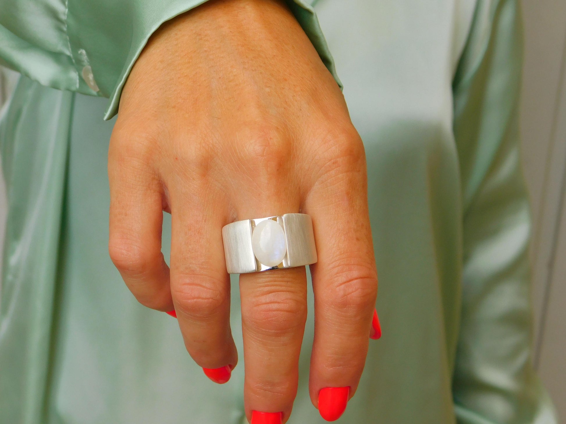 Wide Band Moonstone Ring: Contemporary Design in Silver or Gold Plated