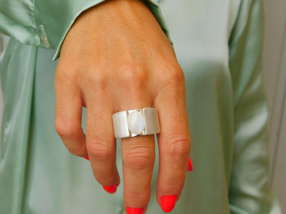 Wide Band Moonstone Ring: Contemporary Design in Silver or Gold Plated