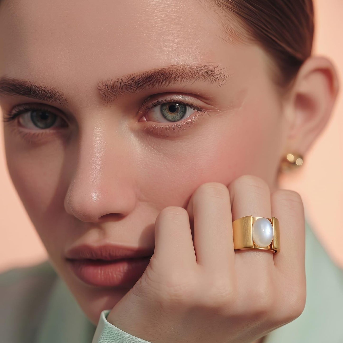 Moonstone Ring: Wide Band Contemporary Design in Silver or Gold Plated