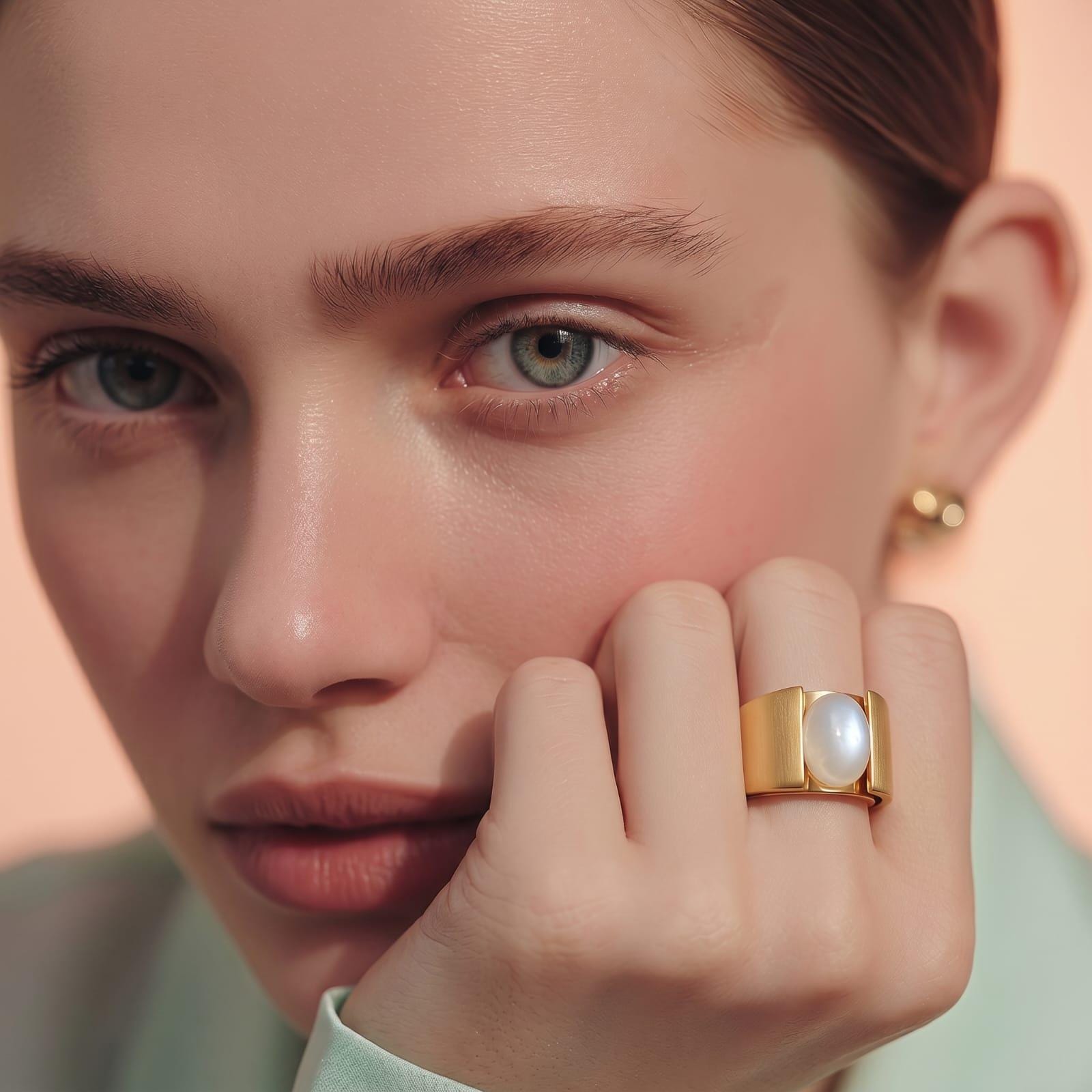 Moonstone Ring: Wide Band Contemporary Design in Silver or Gold Plated