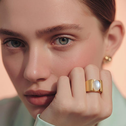 Moonstone Ring: Wide Band Contemporary Design in Silver or Gold Plated