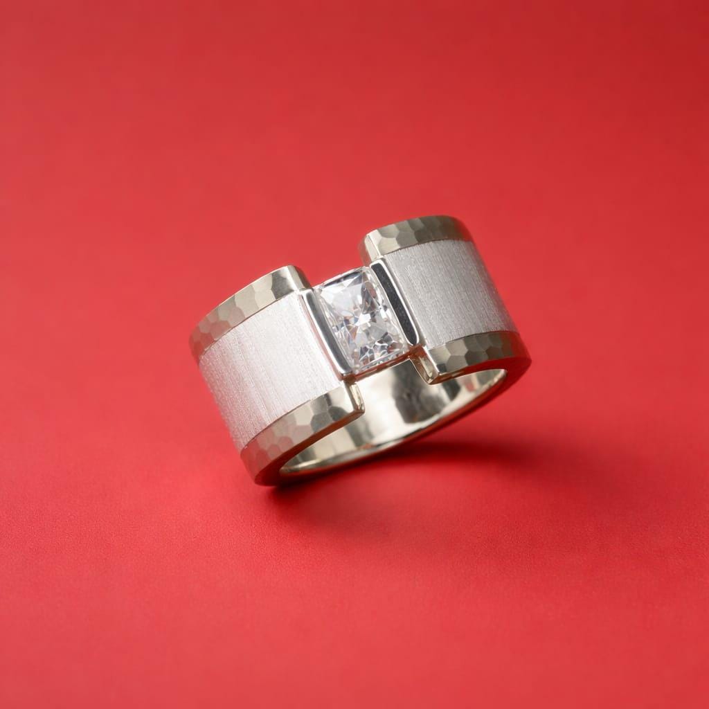 Brushed Band Engagement Ring: 13MM Wide in Silver or Gold Plated With Moissanite