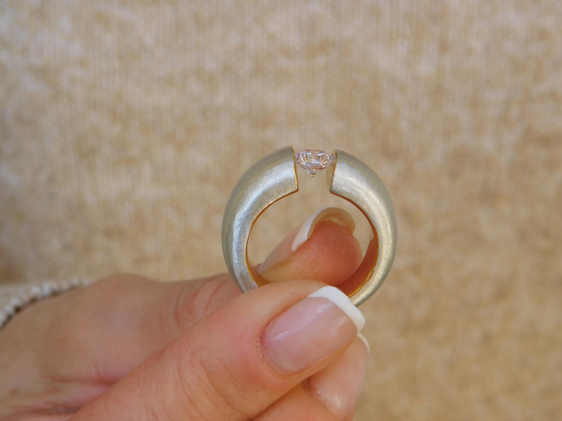 Proposal Ring: Statement Ring for Women, Moissanite Tension Setting, Bi-Color Design with Brushed Finish
