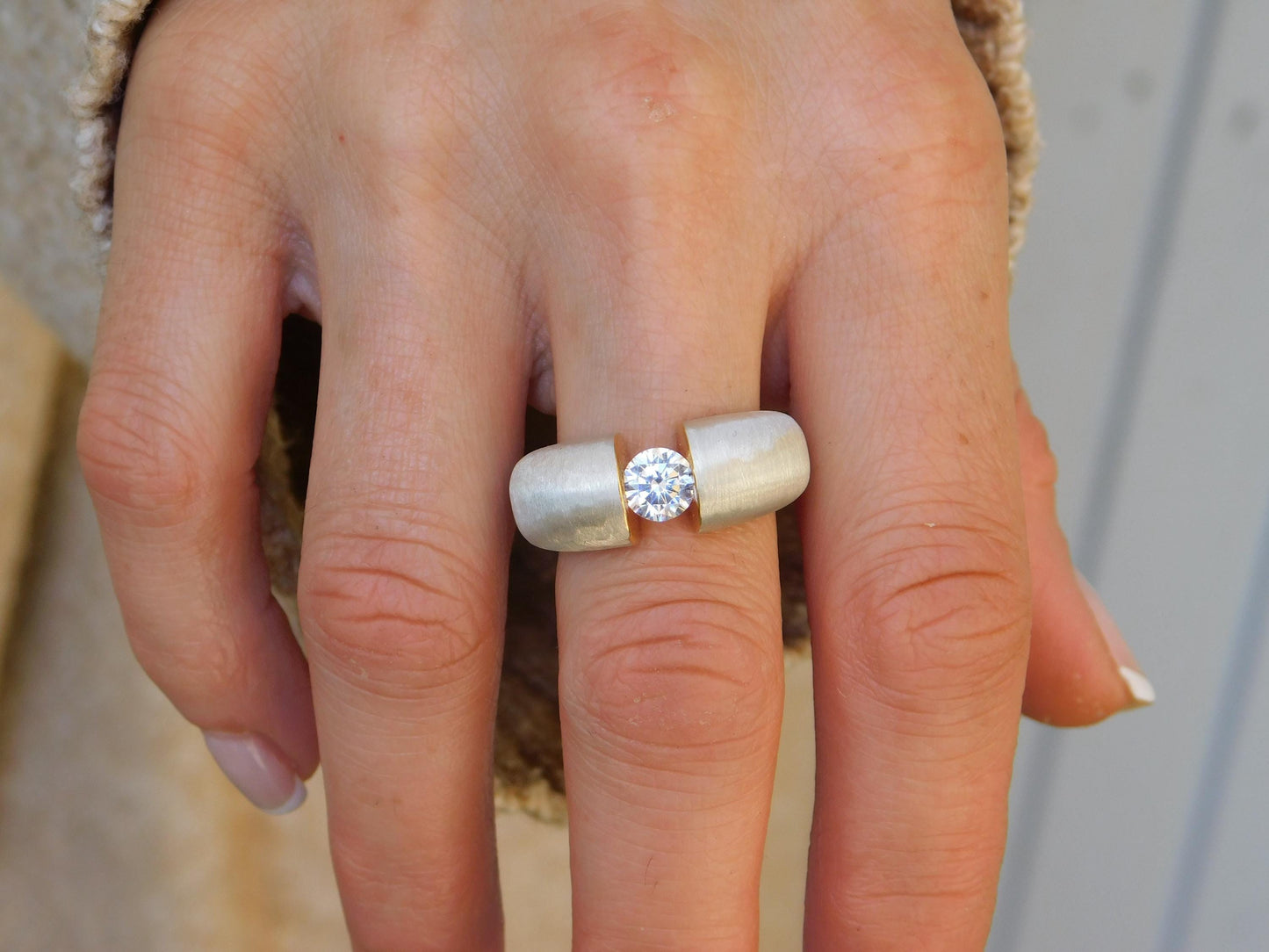 Proposal Ring: Statement Ring for Women, Moissanite Tension Setting, Bi-Color Design with Brushed Finish