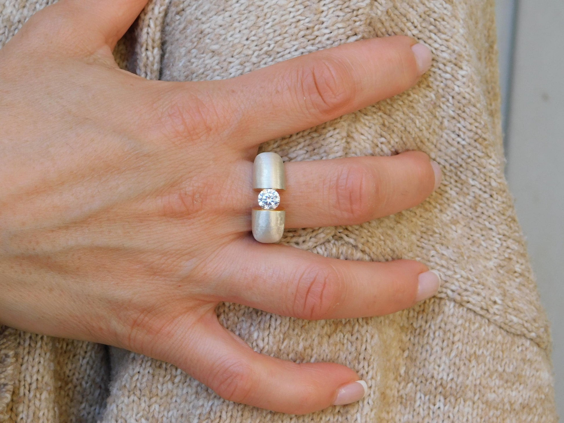 Proposal Ring: Statement Ring for Women, Moissanite Tension Setting, Bi-Color Design with Brushed Finish