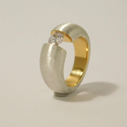 Proposal Ring: Statement Ring for Women, Moissanite Tension Setting, Bi-Color Design with Brushed Finish