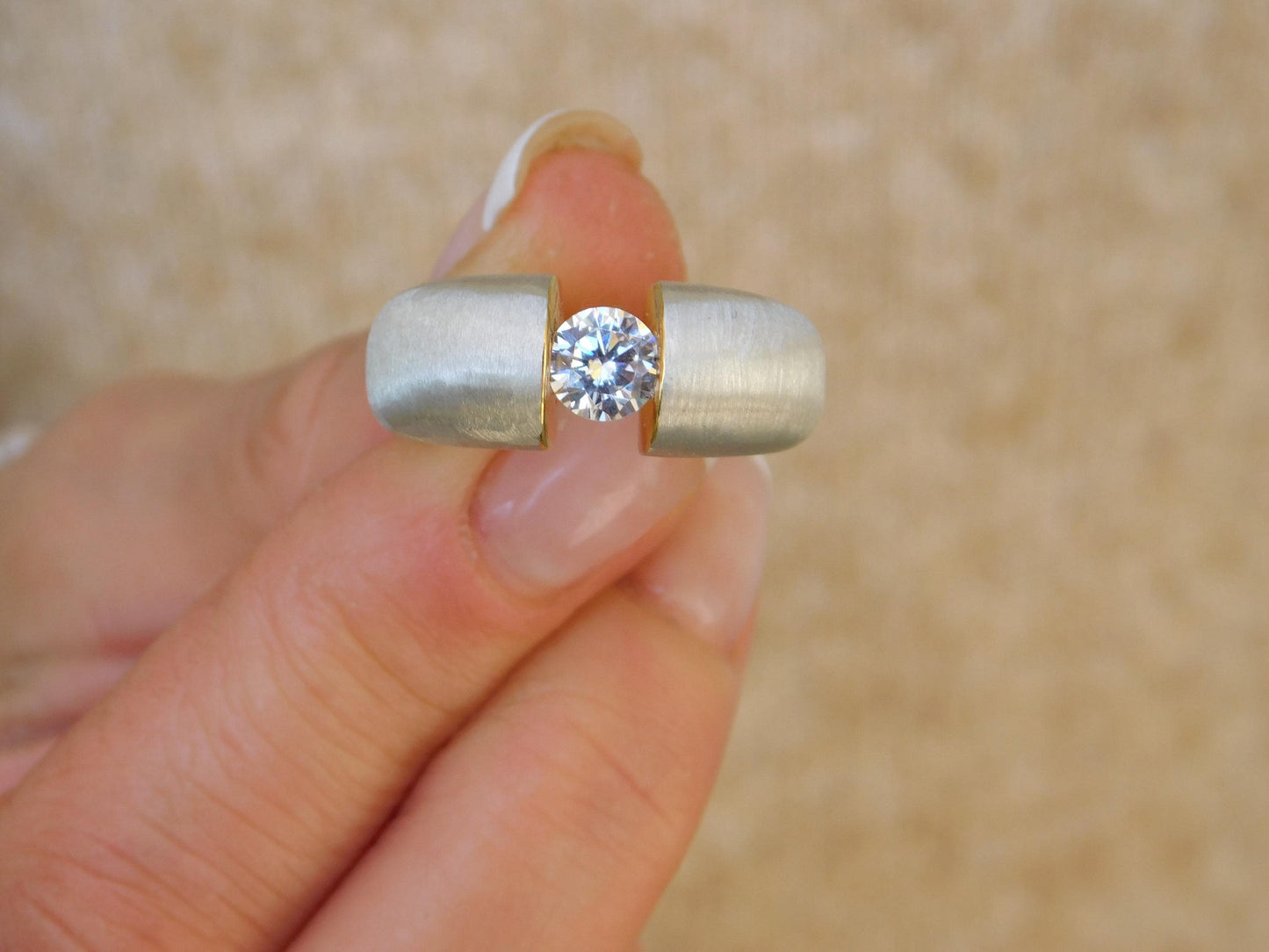 Proposal Ring: Statement Ring for Women, Moissanite Tension Setting, Bi-Color Design with Brushed Finish