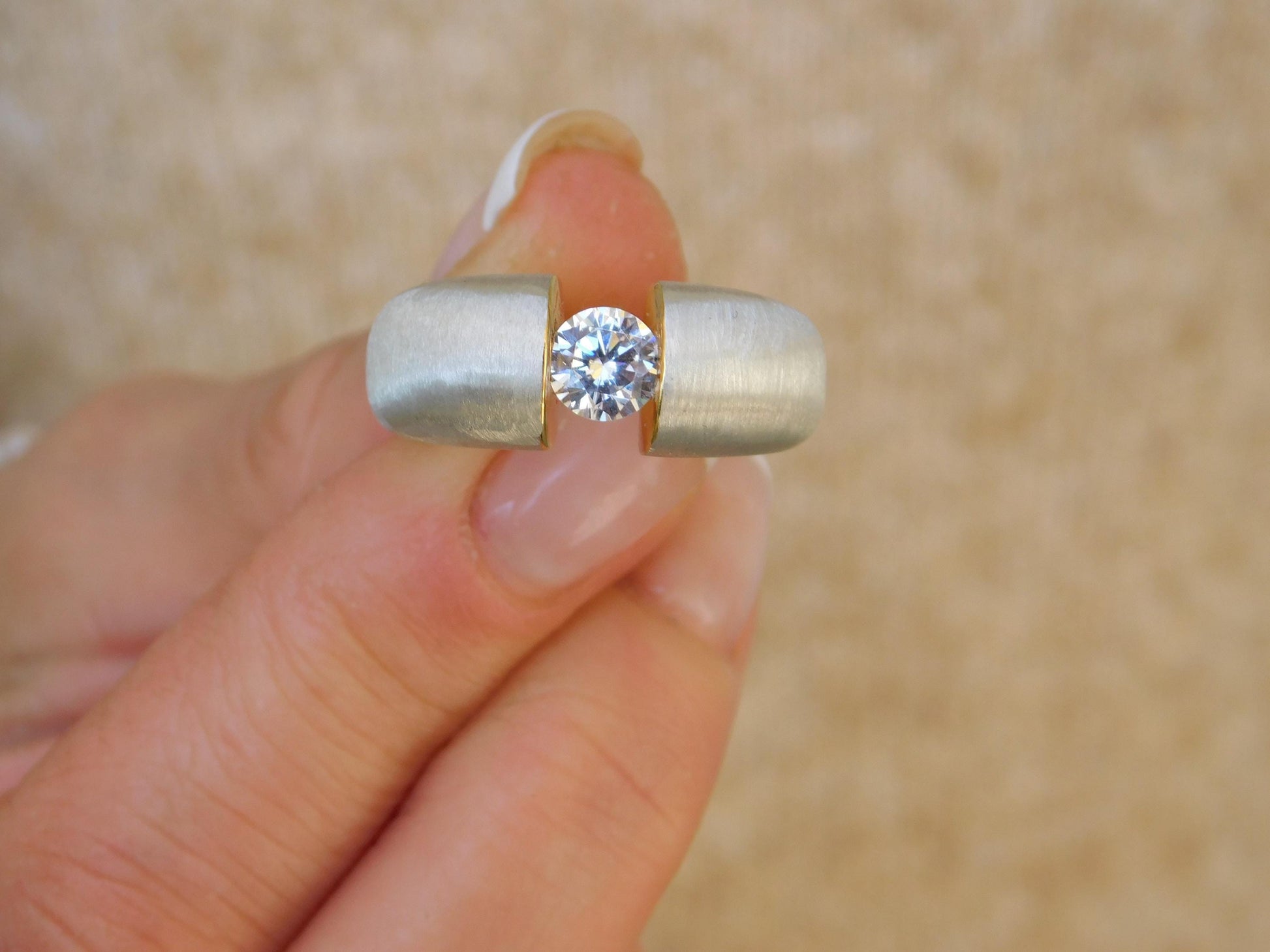 Proposal Ring: Moissanite Tension Setting, Bi-Color Design with Brushed Finish