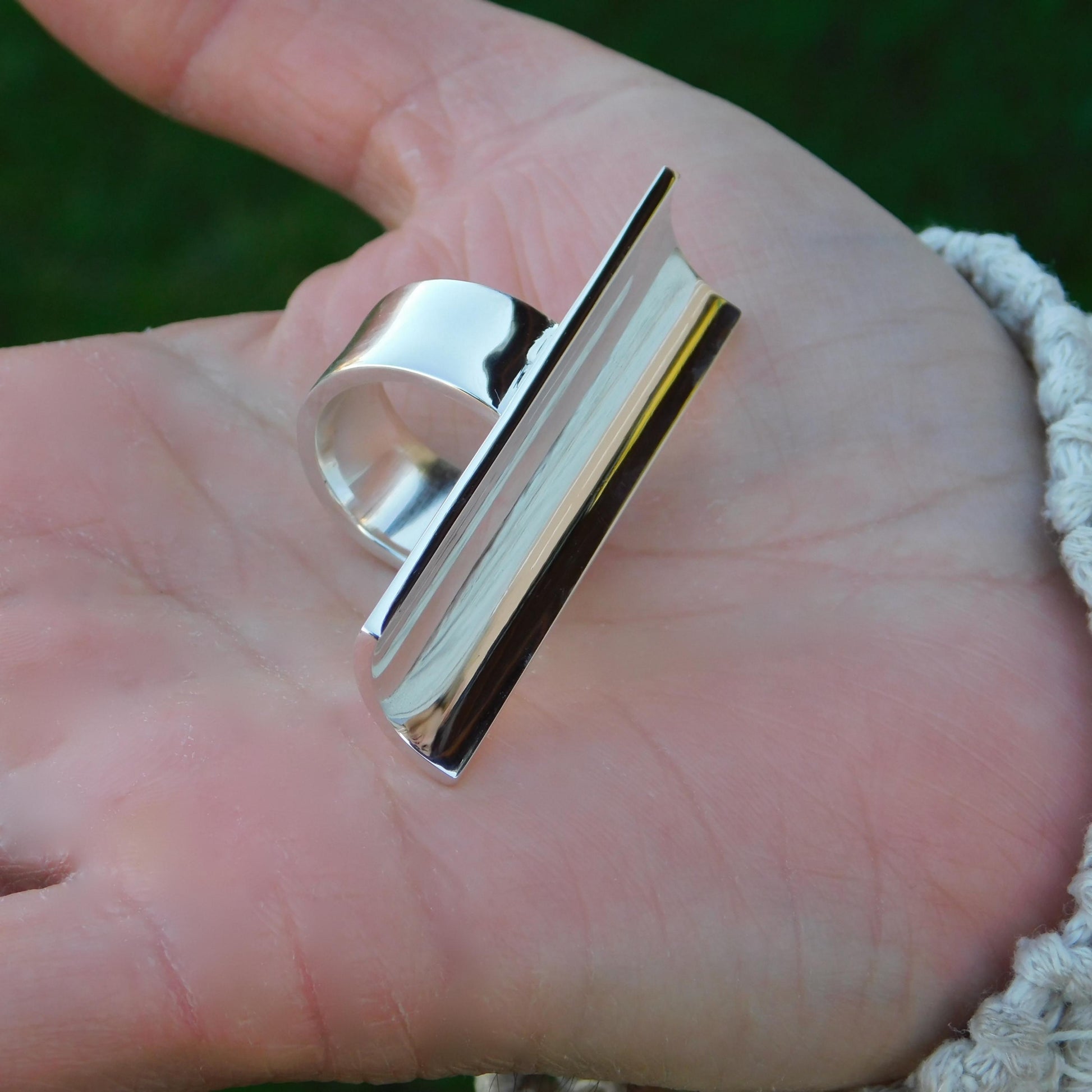 Statement Ring Silver: Long Shield Ring, Large Bar Jewelry