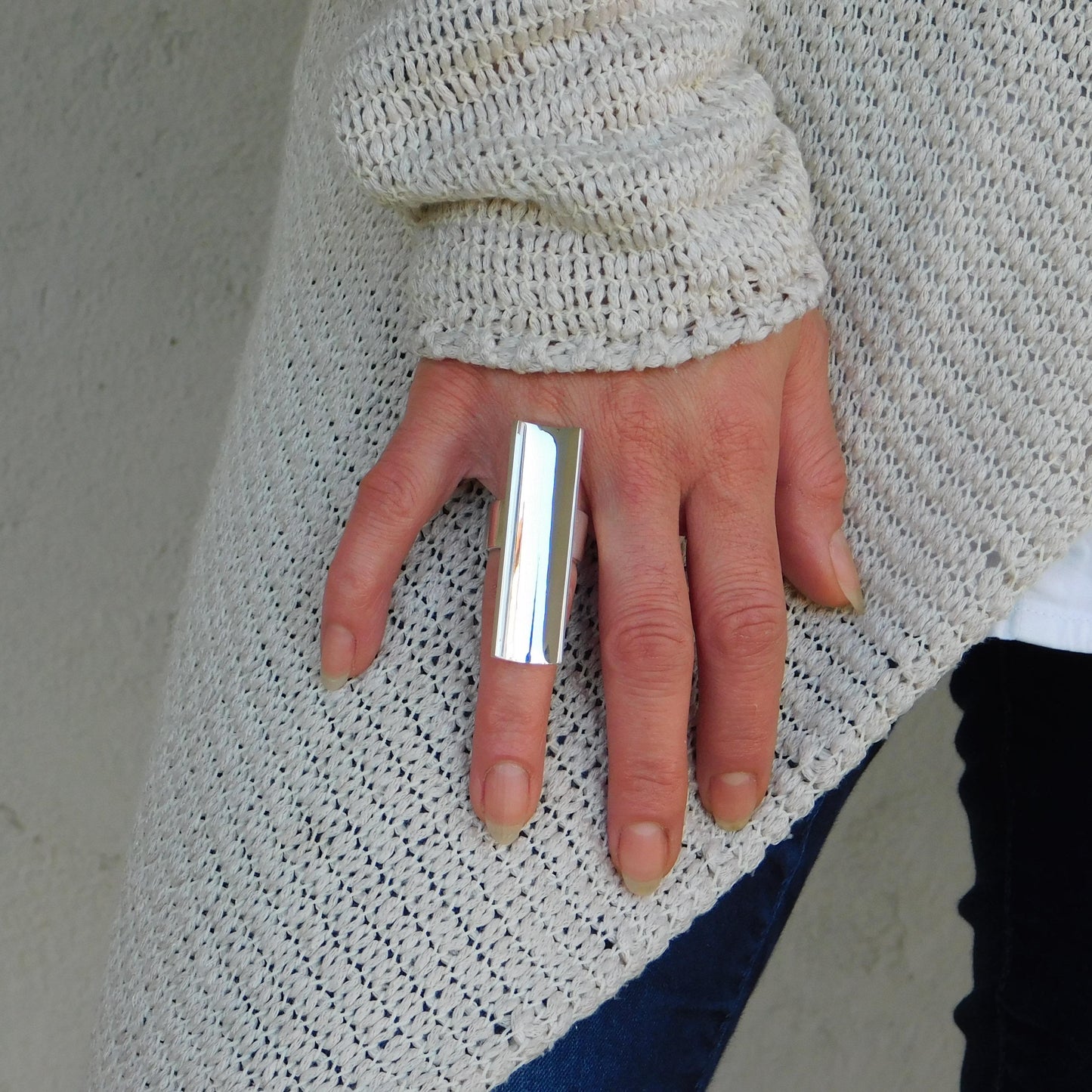Statement Ring Silver: Long Shield Ring, Large Bar Jewelry