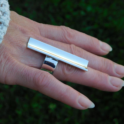 Statement Ring Silver: Long Shield Ring, Large Bar Jewelry