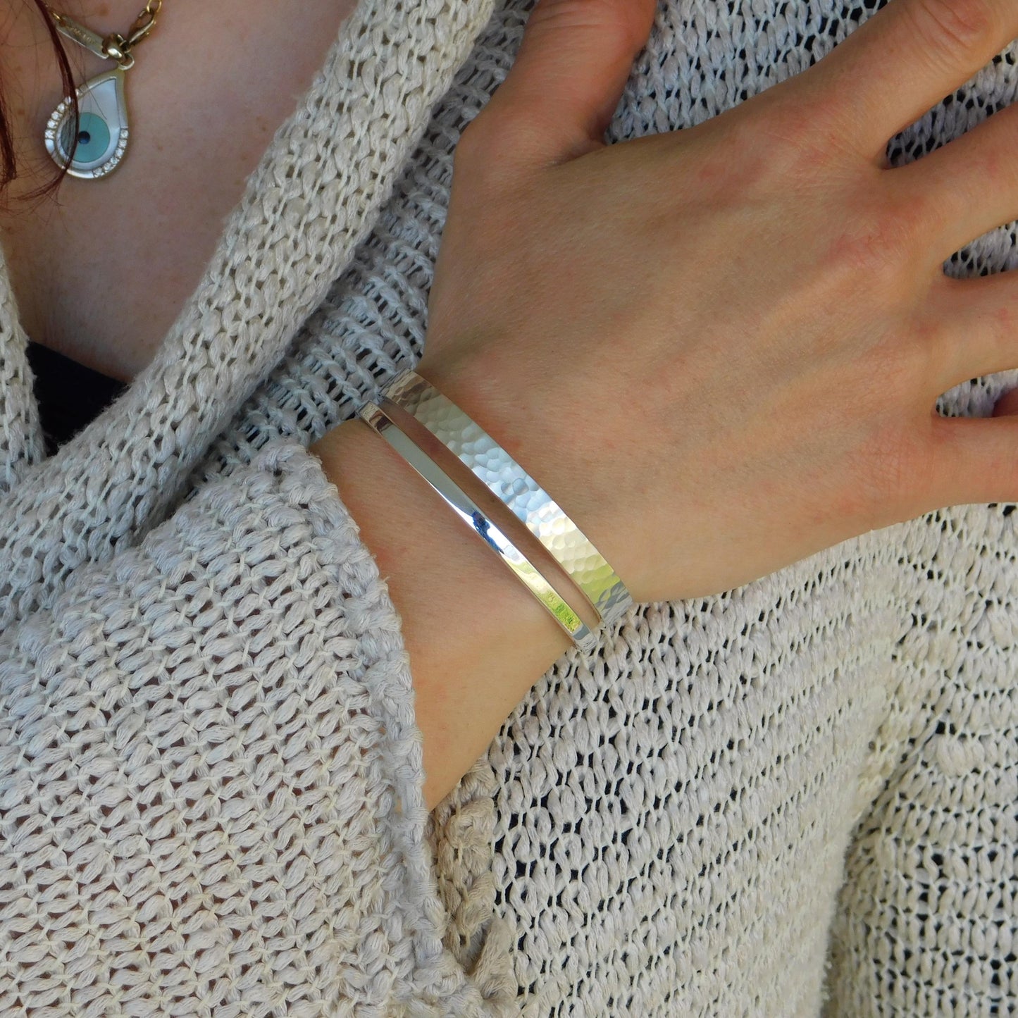 Minimalist Double Cuff Bracelet – AG950 Silver Hammered Bangle