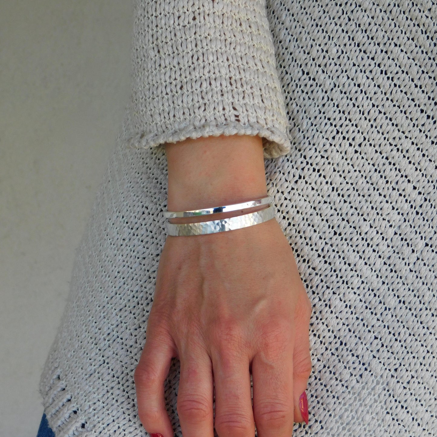 Minimalist Double Cuff Bracelet – AG950 Silver Hammered Bangle