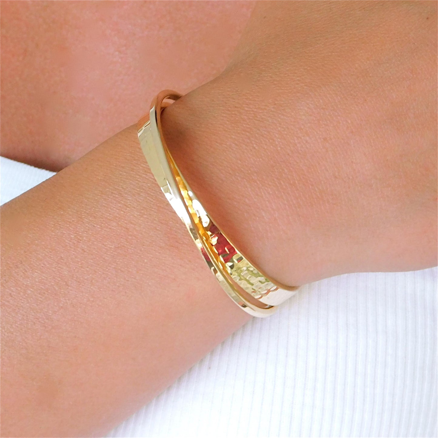 Cuff Bracelet for Women: Modern Wristlet, Double Bangle Gold Plated, Hammered Finish