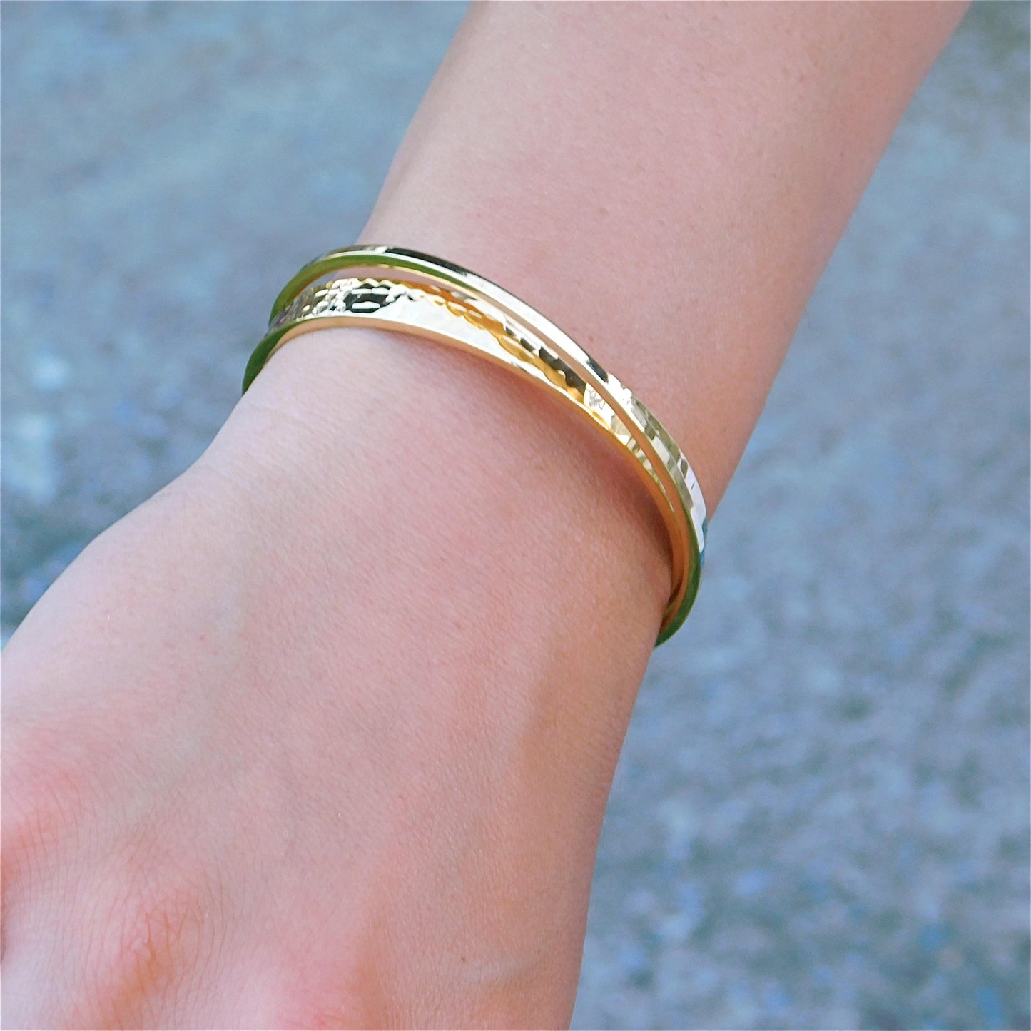 Cuff Bracelet for Women: Modern Wristlet, Double Bangle Gold Plated, Hammered Finish