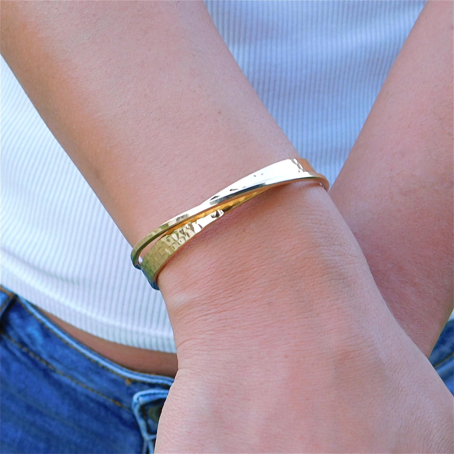 Cuff Bracelet for Women: Modern Wristlet, Double Bangle Gold Plated, Hammered Finish