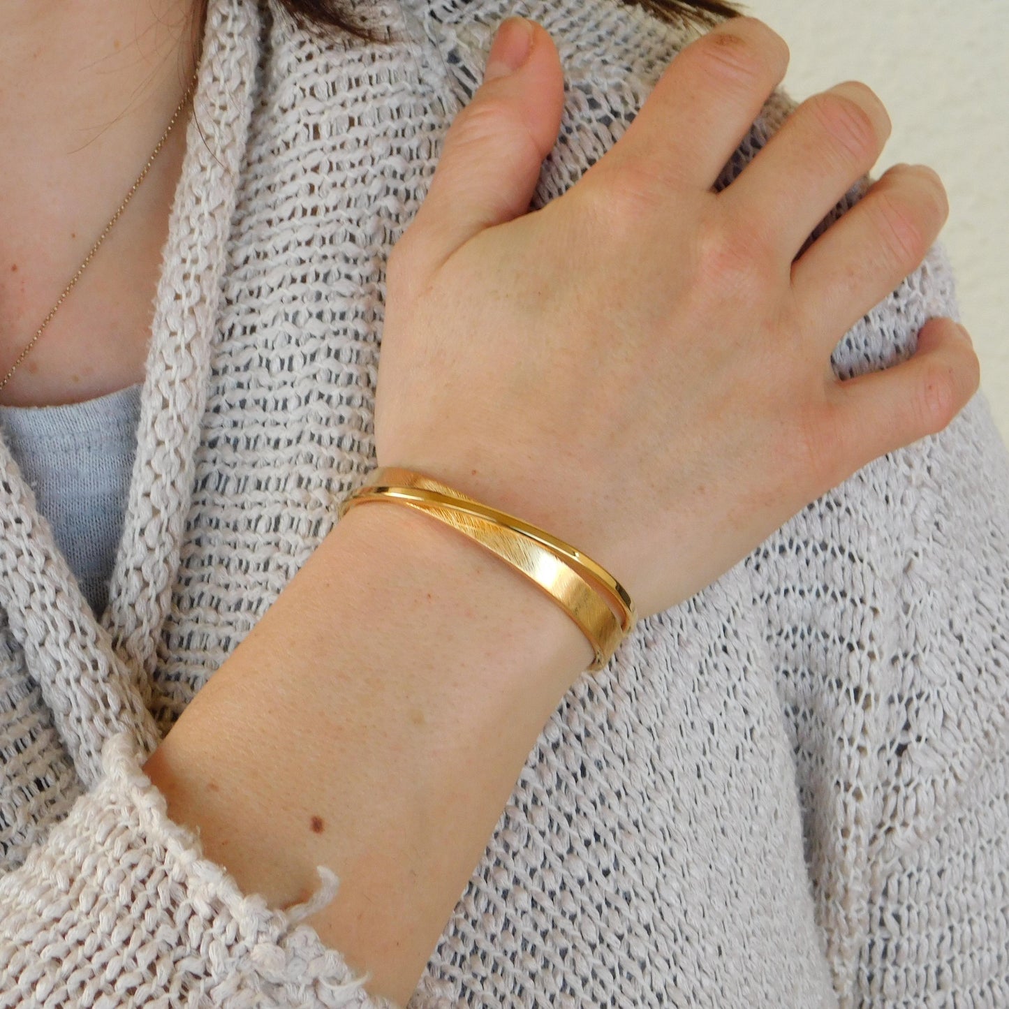 Brushed Cuff Bracelet for Women: Modern Wristlet, Double Bangle Gold Plated or Silver