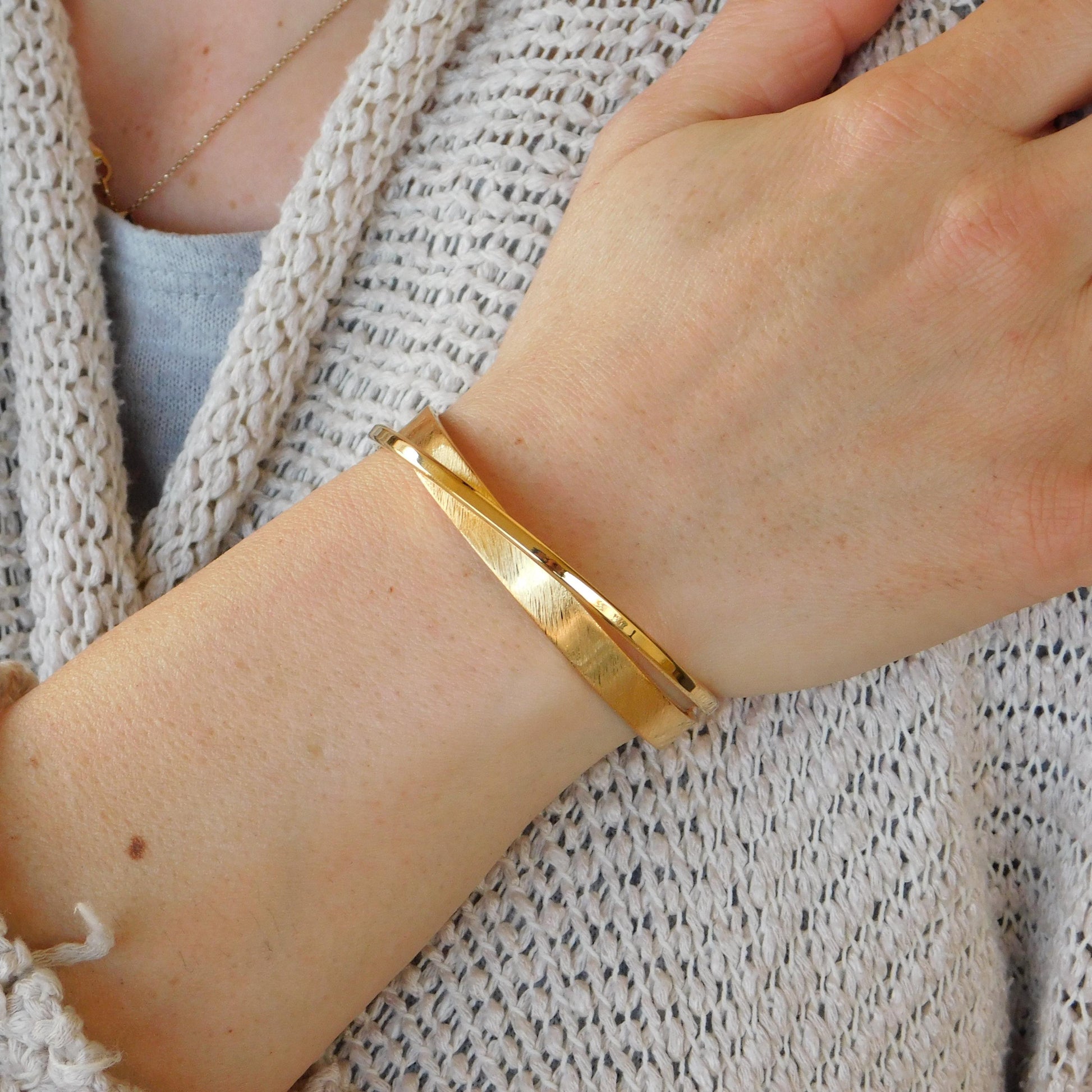 Brushed Cuff Bracelet for Women: Modern Wristlet, Double Bangle Gold Plated or Silver