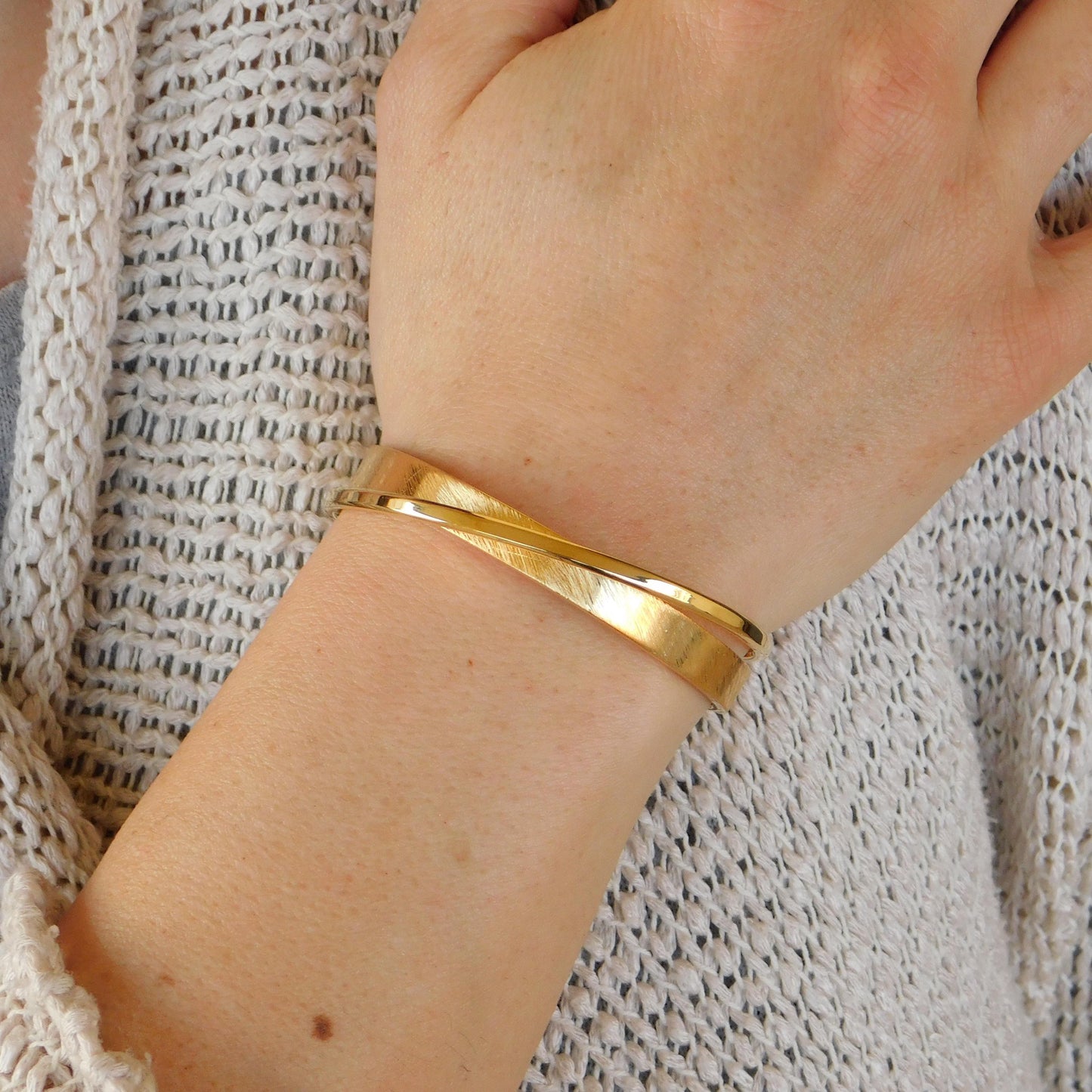 Brushed Cuff Bracelet for Women: Modern Wristlet, Double Bangle Gold Plated or Silver