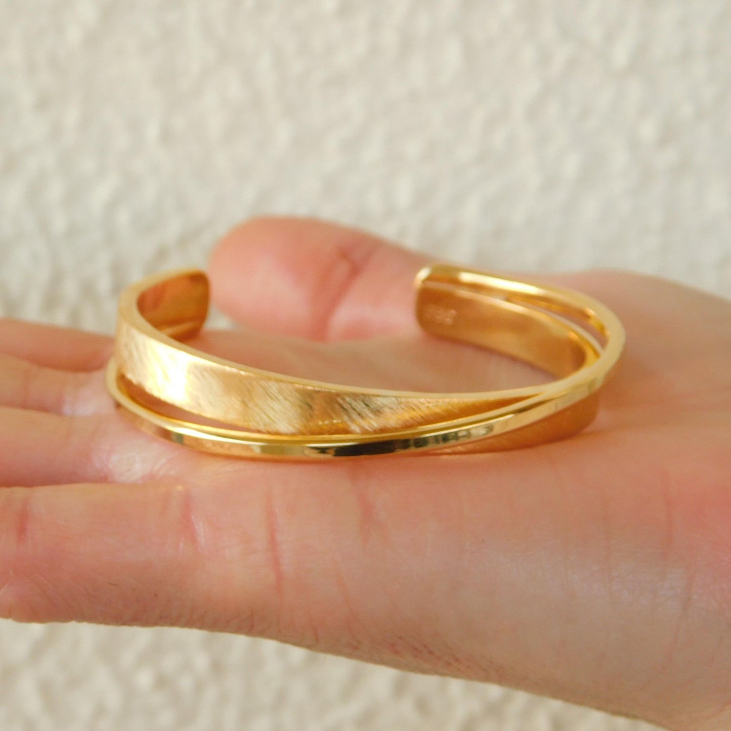 Brushed Cuff Bracelet for Women: Modern Wristlet, Double Bangle Gold Plated or Silver